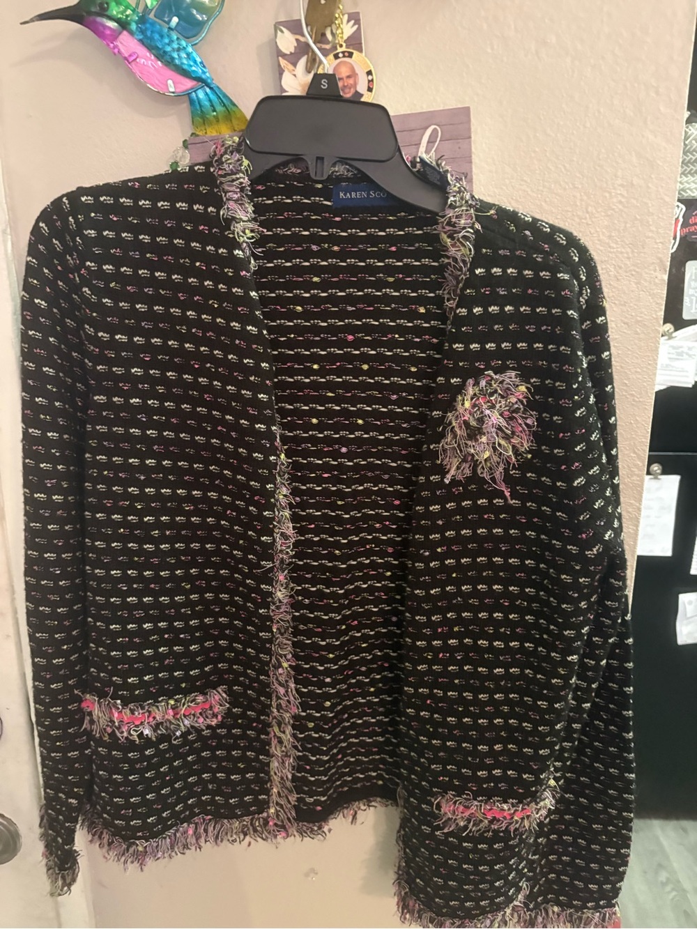 Karen Scott Black Fringe Open Knit Jacket with Multicolor Accents
